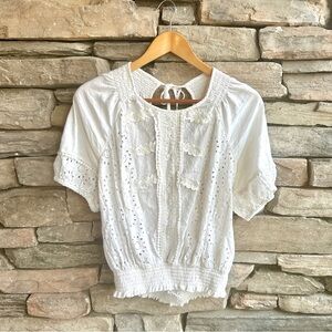 Anthropologie Porridge Freya Puff Sleeve eyelet Top Ivory Smocked Waist Medium